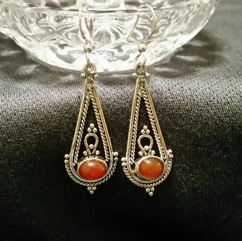 925 Silver Filigree Carnelian Hook Earrings